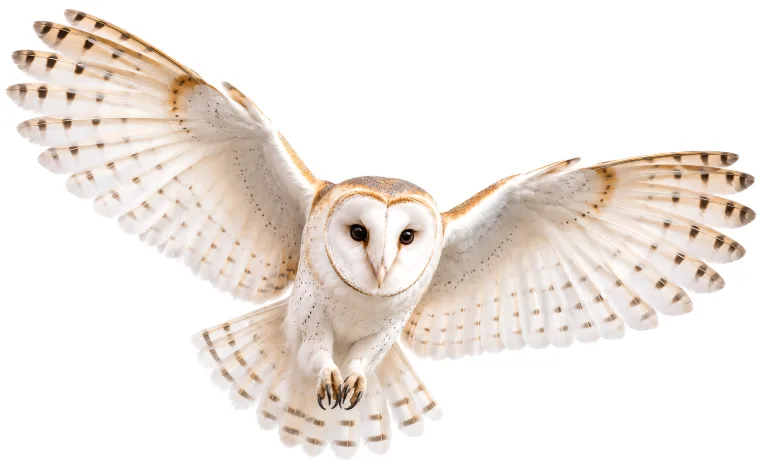 A barn owl in flight, wings spread