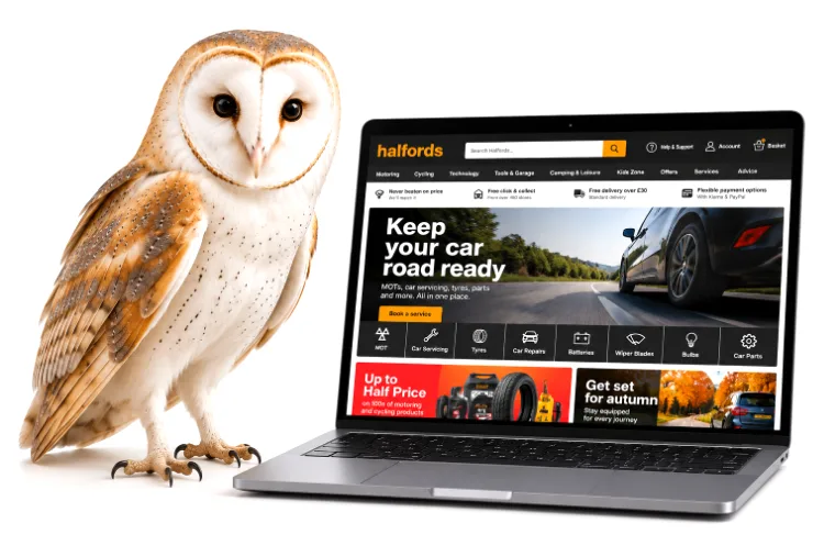 An owl beside a laptop showing the Halfords website